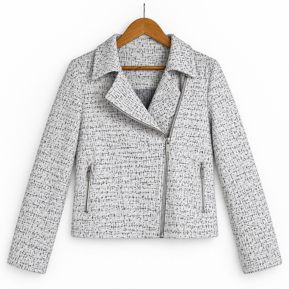 Max Studio Tweed Asymmetrical Zip Moto Jacket White Black Large